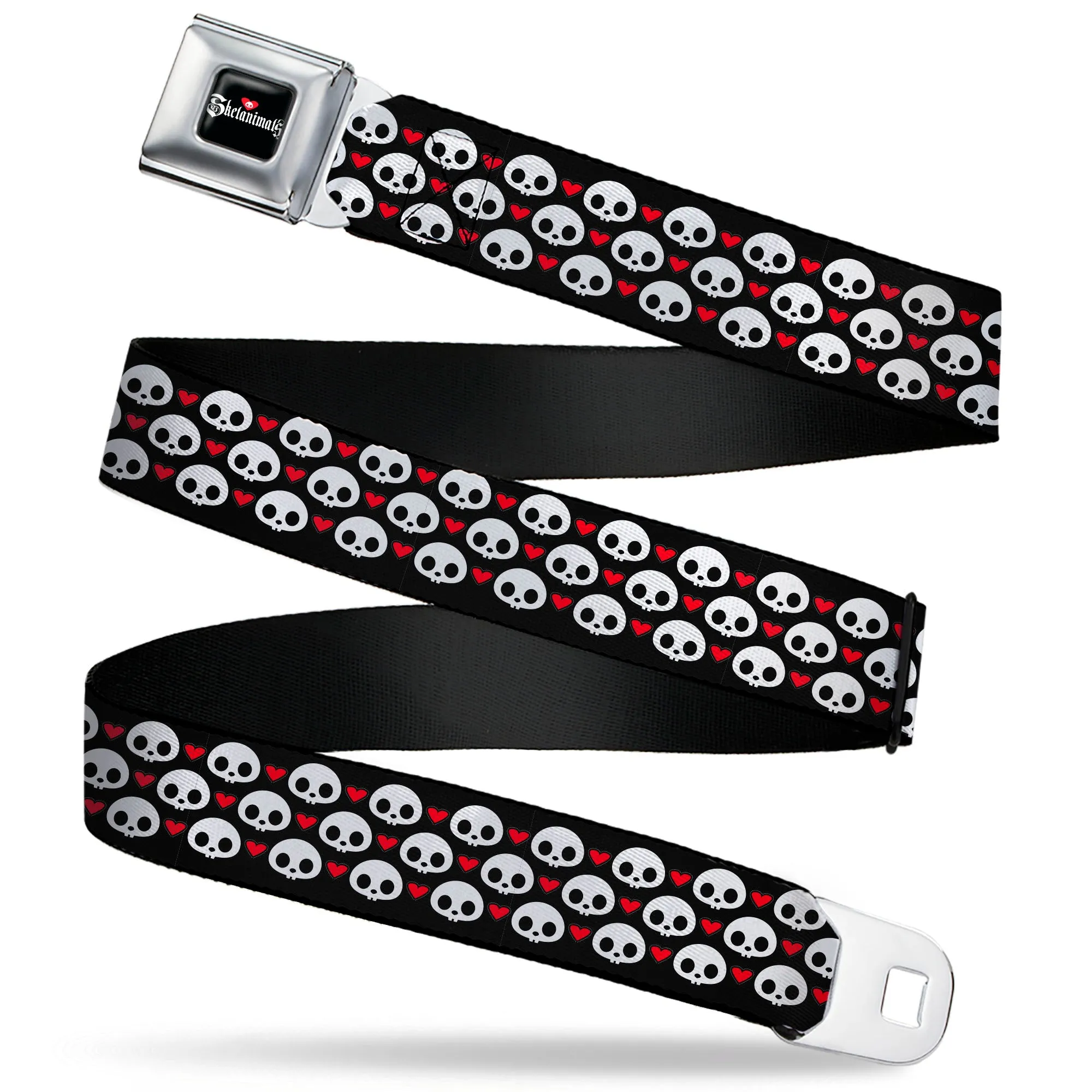 SKELANIMALS Title Logo Full Color Black/White/Red Seatbelt Belt - Skelanimals Face Logo and Heart Black/White/Red Webbing