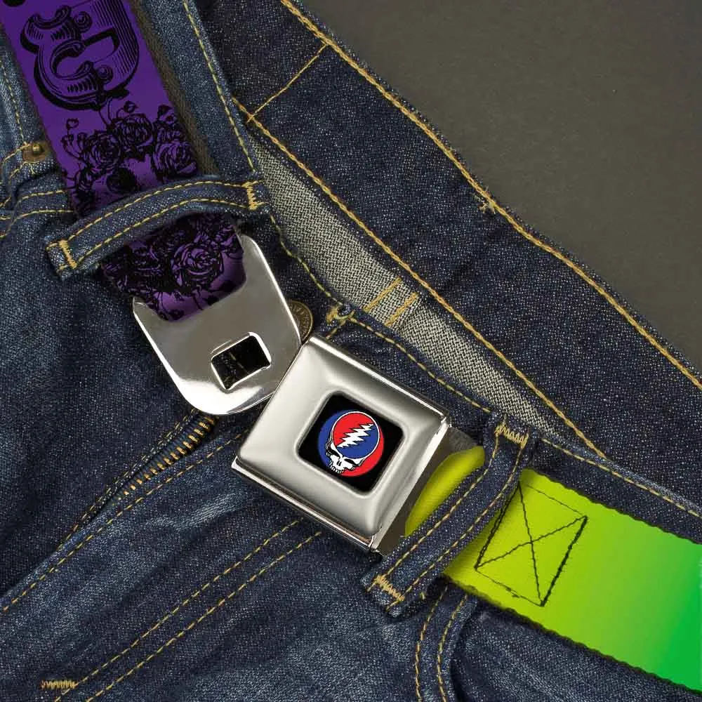 Steal Your Face Seatbelt Belt - Grateful Dead Text w/Skull & Roses Rainbow Fade Webbing