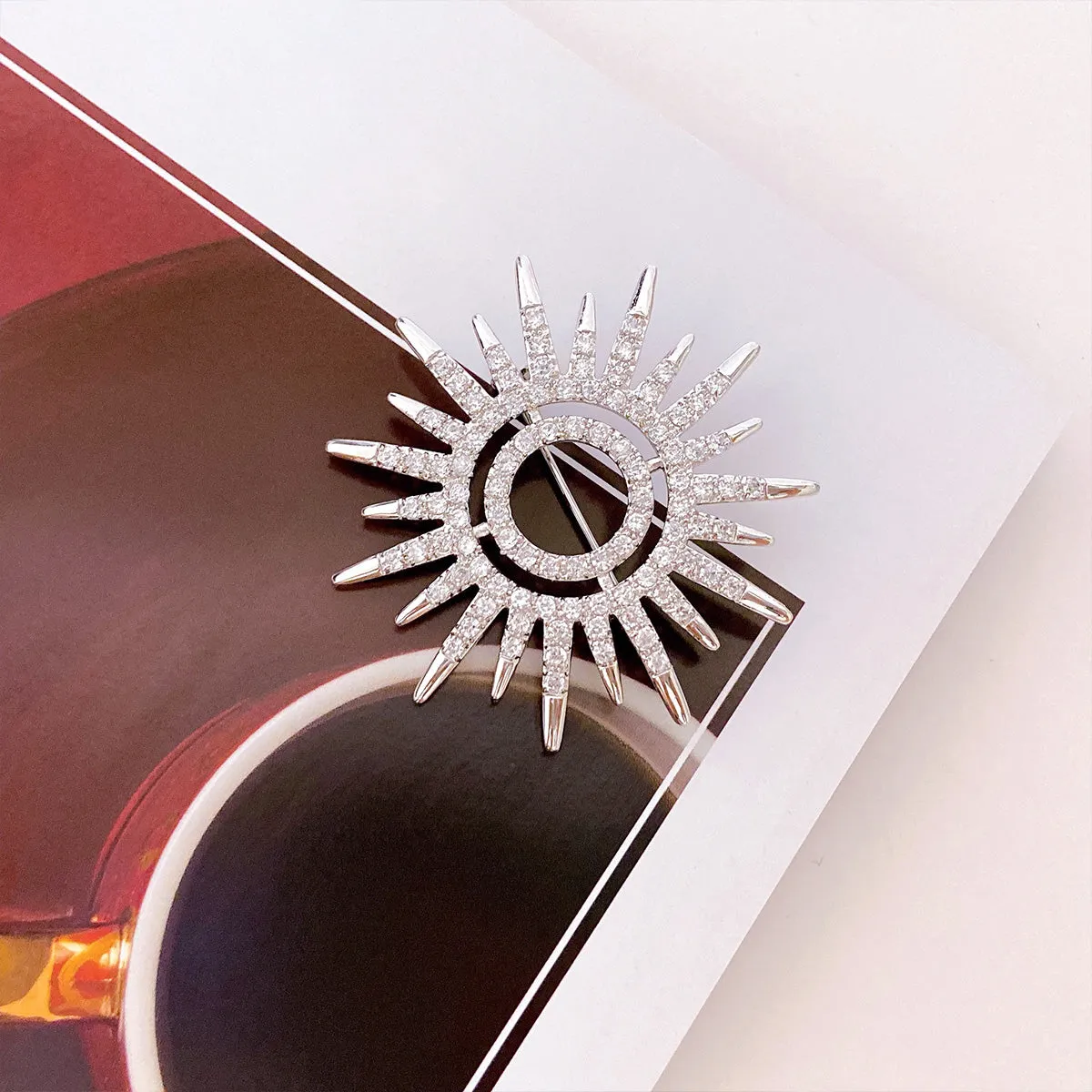 Summer Flaming Sunshine Micro Pave CZ Starburst Brooche Pin Silver Plated