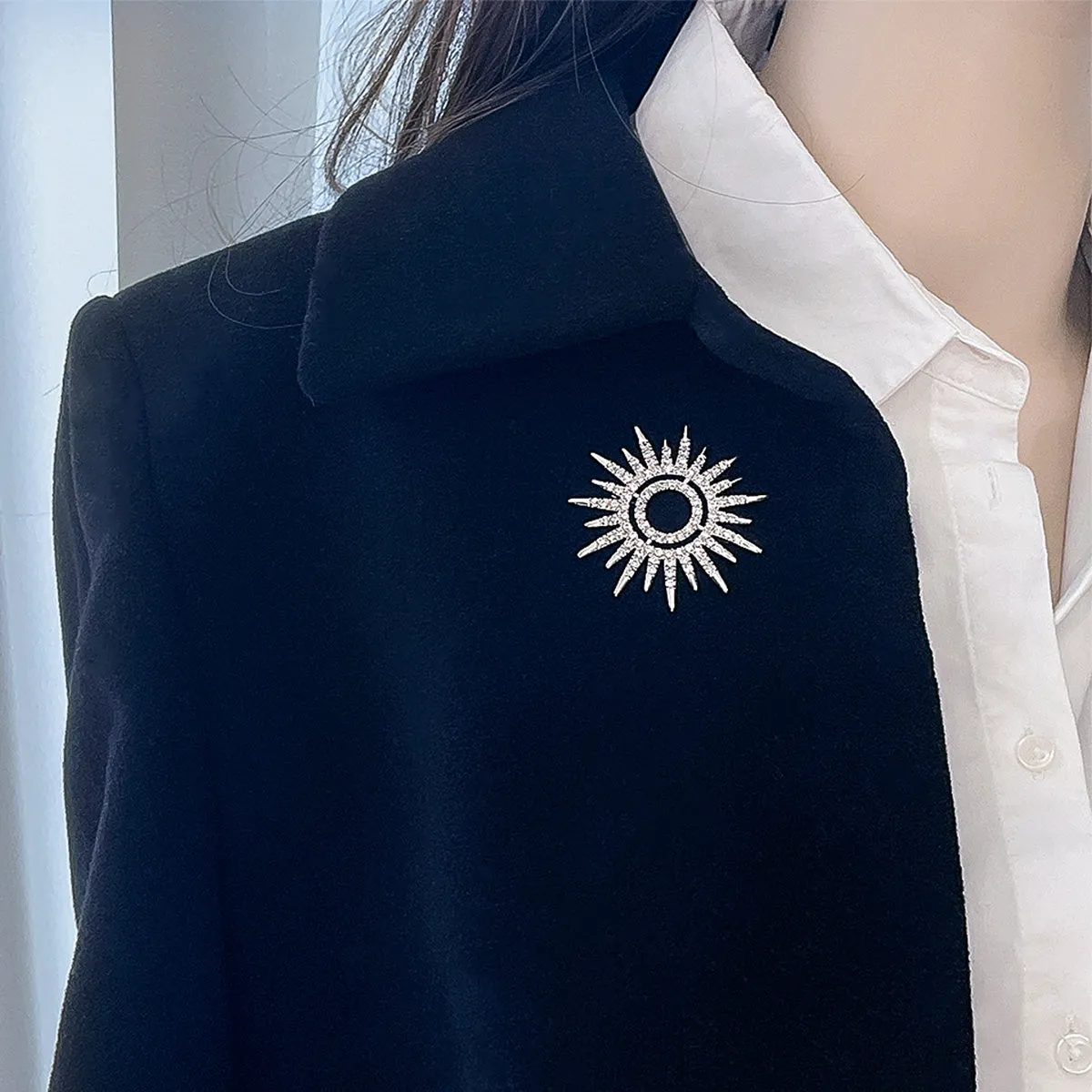 Summer Flaming Sunshine Micro Pave CZ Starburst Brooche Pin Silver Plated