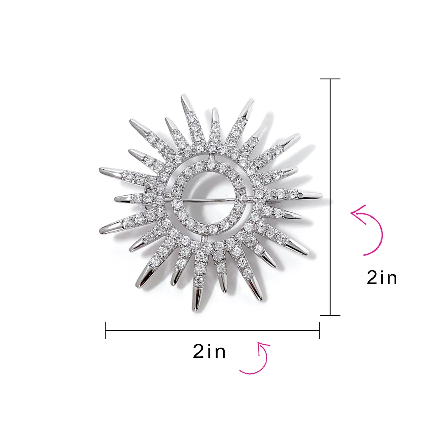 Summer Flaming Sunshine Micro Pave CZ Starburst Brooche Pin Silver Plated