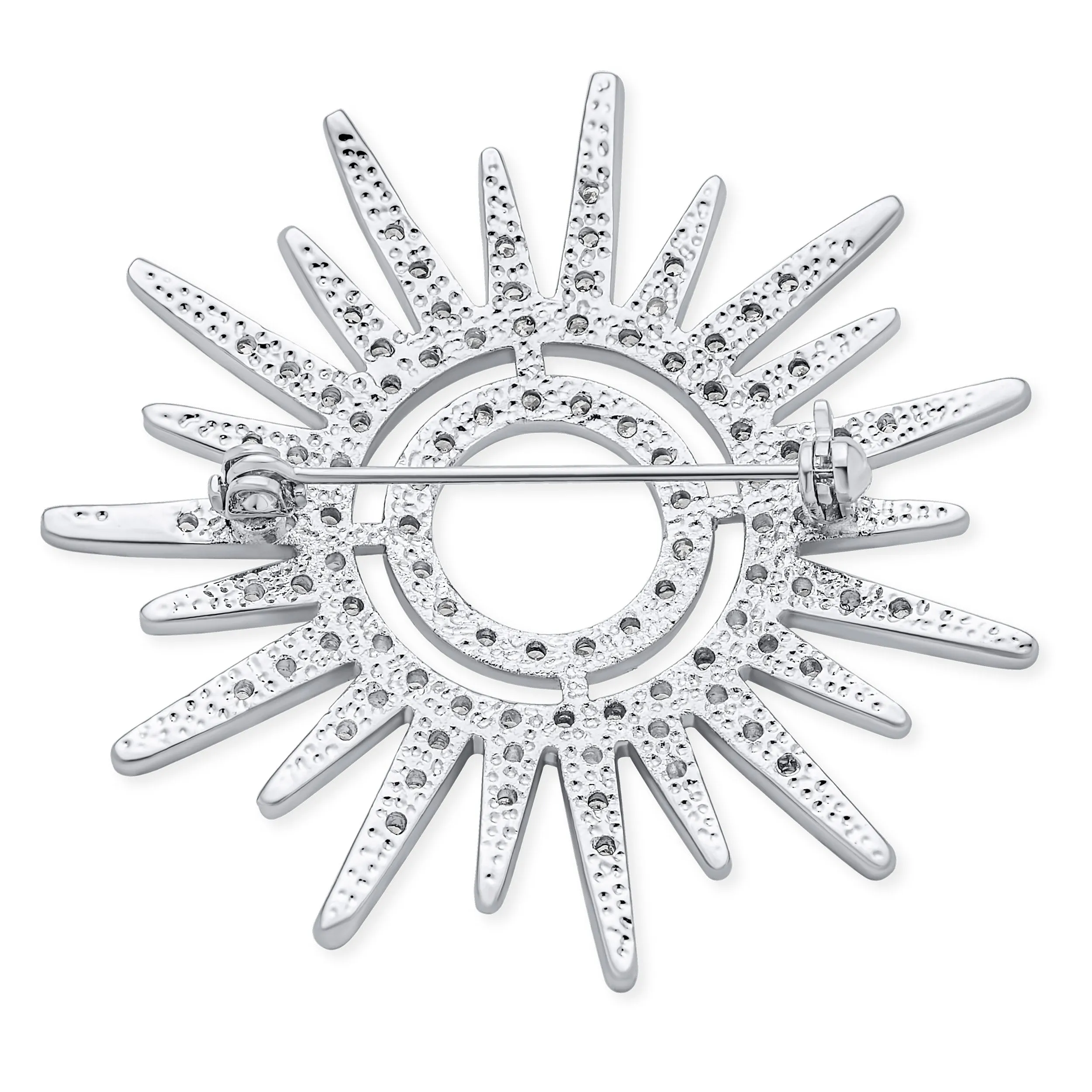 Summer Flaming Sunshine Micro Pave CZ Starburst Brooche Pin Silver Plated