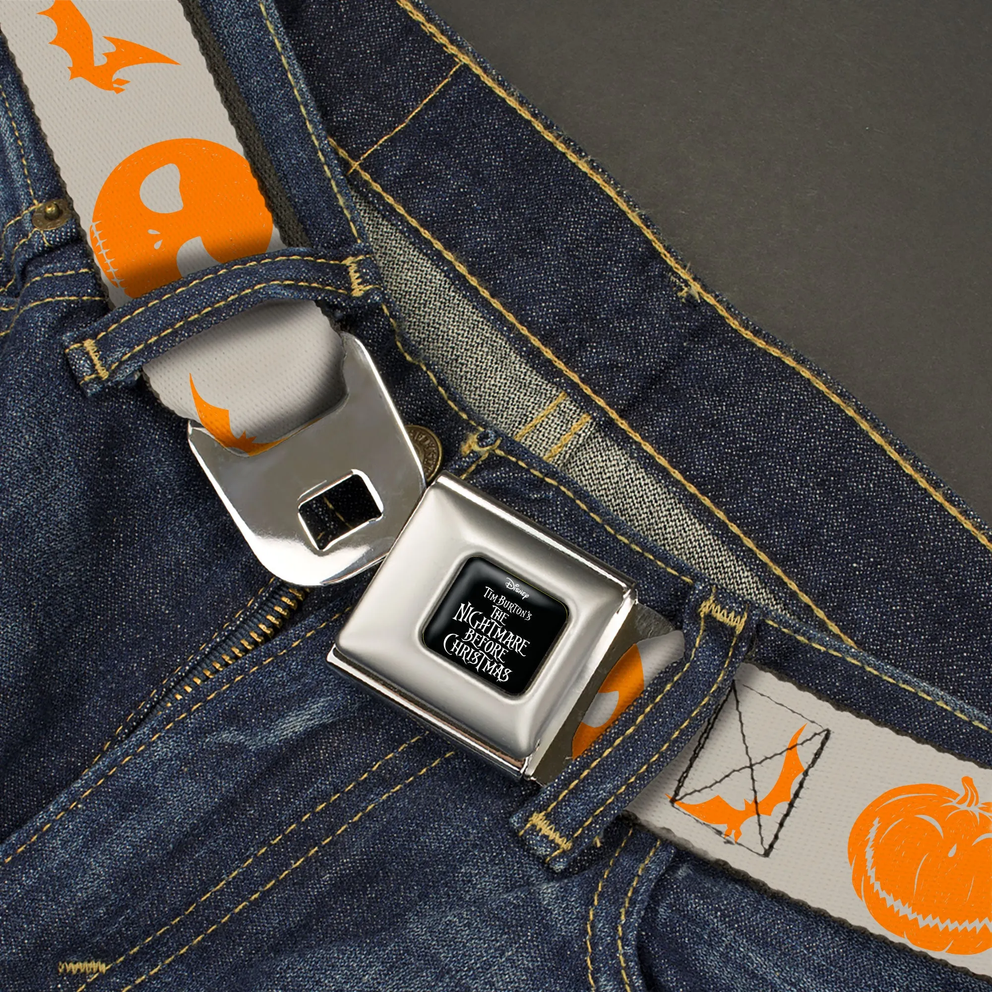 THE NIGHTMARE BEFORE CHRISTMAS Title Logo Full Color Black/White Seatbelt Belt - The Nightmare Before Christmas Jack and Icon Silhouettes White/Orange Webbing