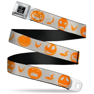 THE NIGHTMARE BEFORE CHRISTMAS Title Logo Full Color Black/White Seatbelt Belt - The Nightmare Before Christmas Jack and Icon Silhouettes White/Orange Webbing