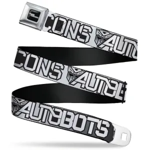 TRANSFORMERS Title Logo Full Color Black/White Seatbelt Belt - Transformers AUTOBOTS DECEPTICONS Shield and Text Grays/Black/White Webbing