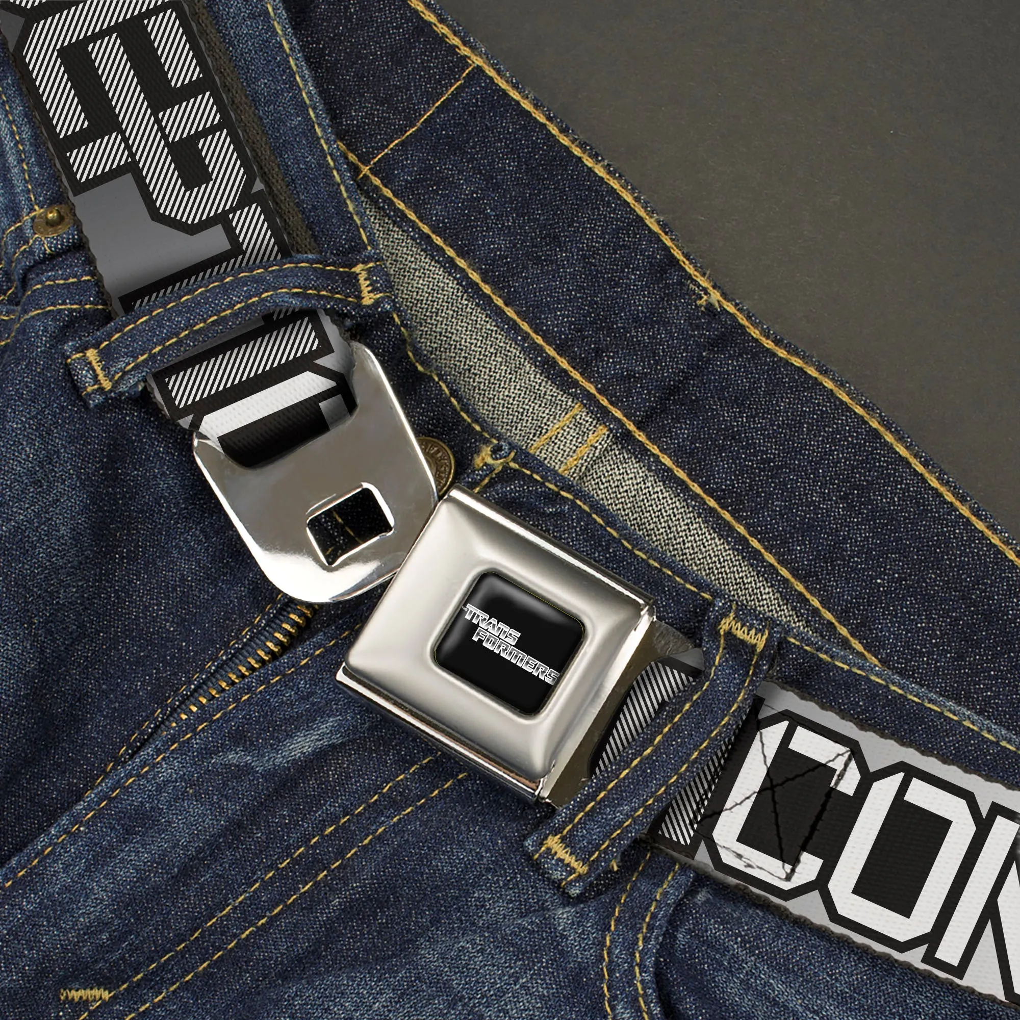 TRANSFORMERS Title Logo Full Color Black/White Seatbelt Belt - Transformers AUTOBOTS DECEPTICONS Shield and Text Grays/Black/White Webbing