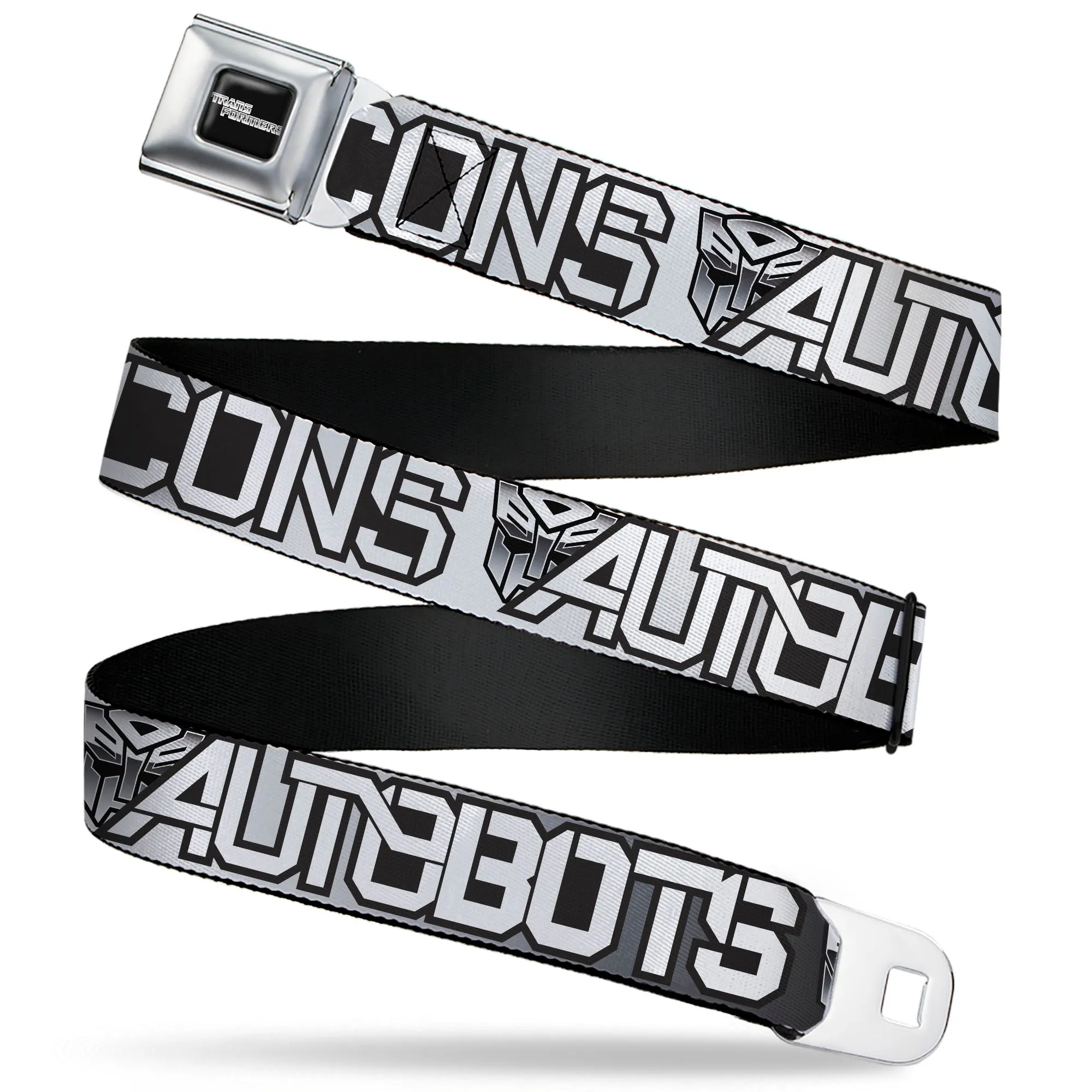 TRANSFORMERS Title Logo Full Color Black/White Seatbelt Belt - Transformers AUTOBOTS DECEPTICONS Shield and Text Grays/Black/White Webbing