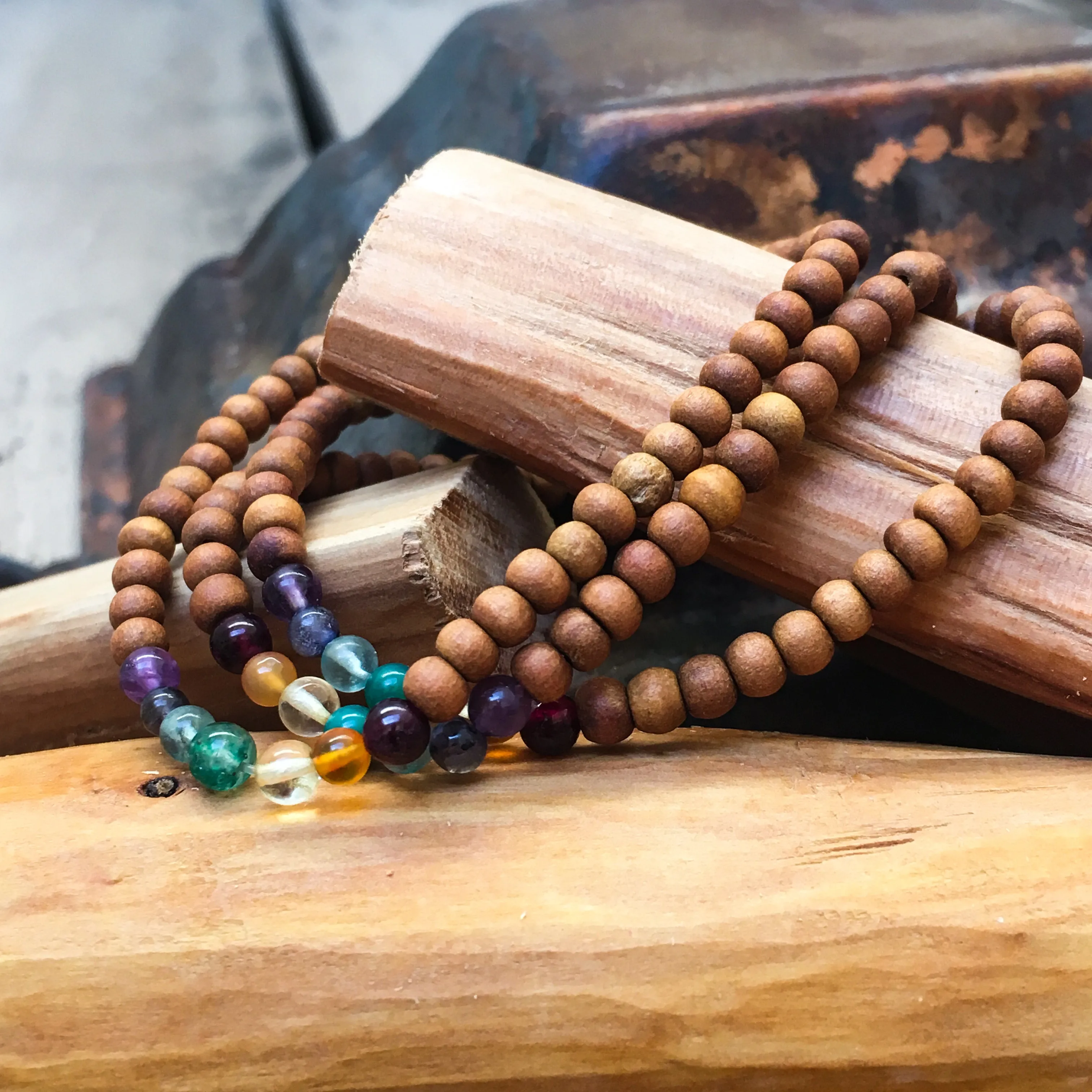Trio of Sandalwood & 7-Chakra Gemstone Bracelets