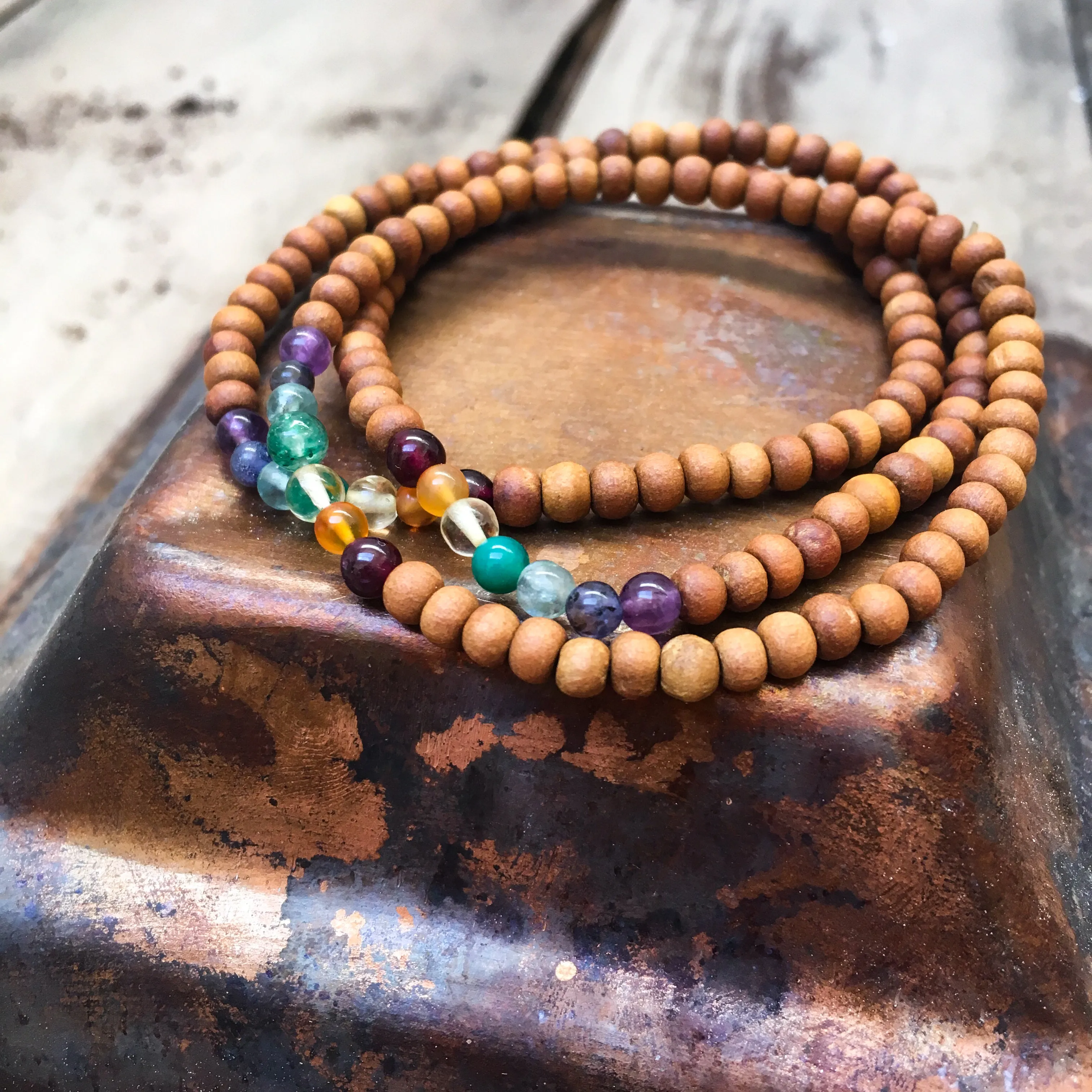 Trio of Sandalwood & 7-Chakra Gemstone Bracelets