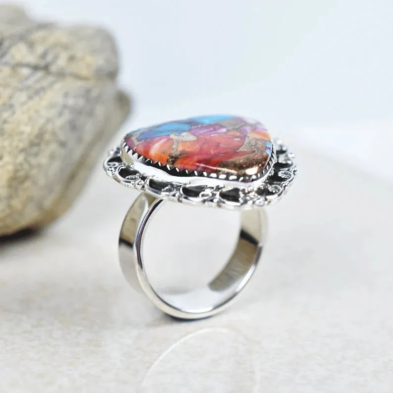 Vintage Large Heart Cut Pink Copper Turquoise 925 Sterling Silver  Rings