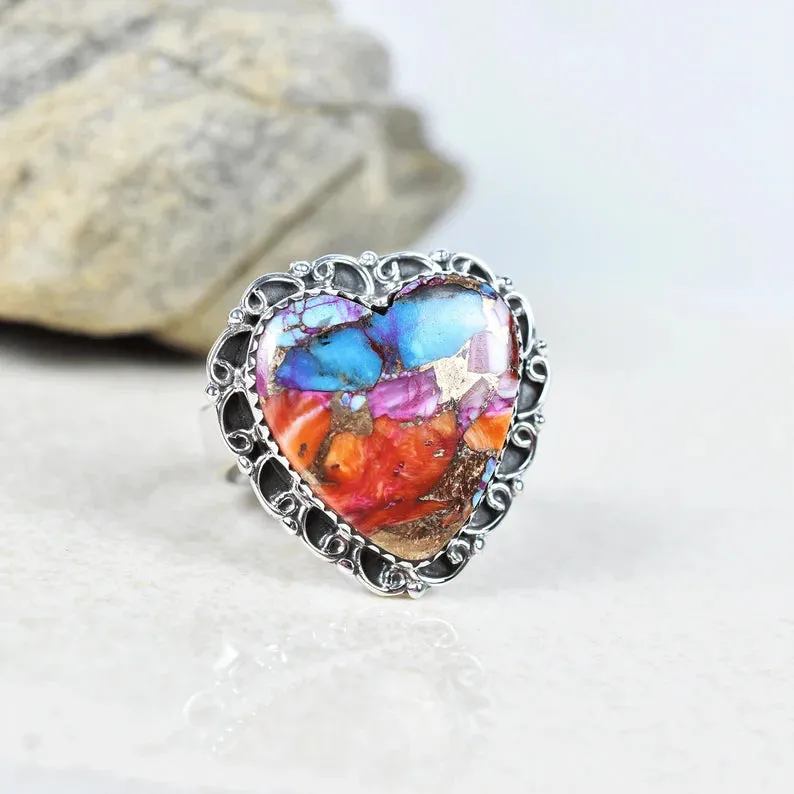 Vintage Large Heart Cut Pink Copper Turquoise 925 Sterling Silver  Rings