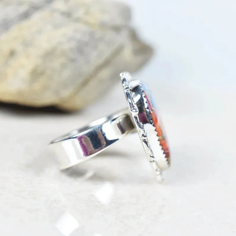 Vintage Large Heart Cut Pink Copper Turquoise 925 Sterling Silver  Rings