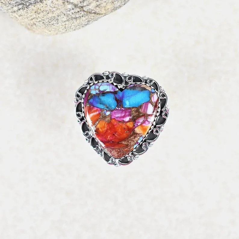 Vintage Large Heart Cut Pink Copper Turquoise 925 Sterling Silver  Rings