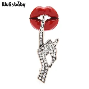 Wuli&amp;baby Rhinestone Hand Enamel Lip  Brooches Women Sexy Secret Pose Party Office Casual Brooch Pins Gifts