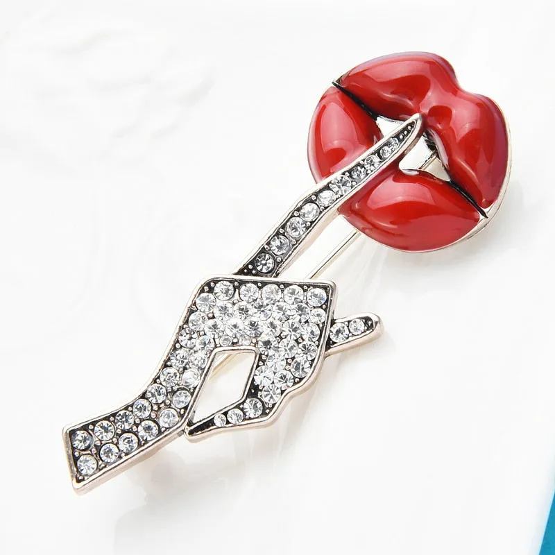 Wuli&amp;baby Rhinestone Hand Enamel Lip  Brooches Women Sexy Secret Pose Party Office Casual Brooch Pins Gifts