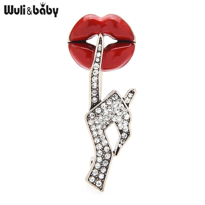 Wuli&amp;baby Rhinestone Hand Enamel Lip  Brooches Women Sexy Secret Pose Party Office Casual Brooch Pins Gifts