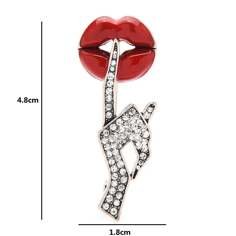 Wuli&amp;baby Rhinestone Hand Enamel Lip  Brooches Women Sexy Secret Pose Party Office Casual Brooch Pins Gifts